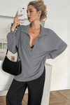 Women Grey Oversized Collared Ribbed Knit Sweatshirts Fisoew - Fisoew