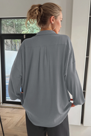 Women Grey Oversized Collared Ribbed Knit Sweatshirts Fisoew - Fisoew