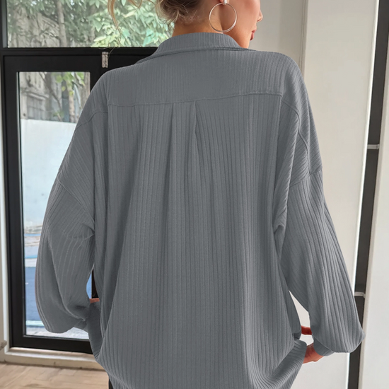 Women Grey Oversized Collared Ribbed Knit Sweatshirts Fisoew - Fisoew