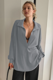 Women Grey Oversized Collared Ribbed Knit Sweatshirts Fisoew - Fisoew
