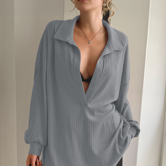 Women Grey Oversized Collared Ribbed Knit Sweatshirts Fisoew - Fisoew