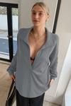 Women Grey Oversized Collared Ribbed Knit Sweatshirts Fisoew - Fisoew