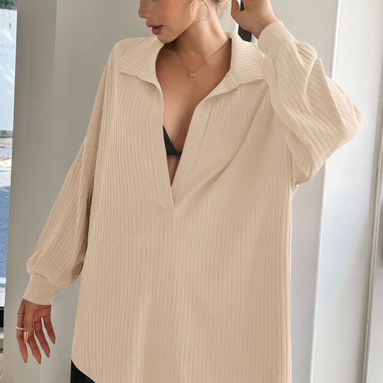 Women Khaki Oversized Collared Ribbed Knit Sweatshirts Fisoew - Fisoew