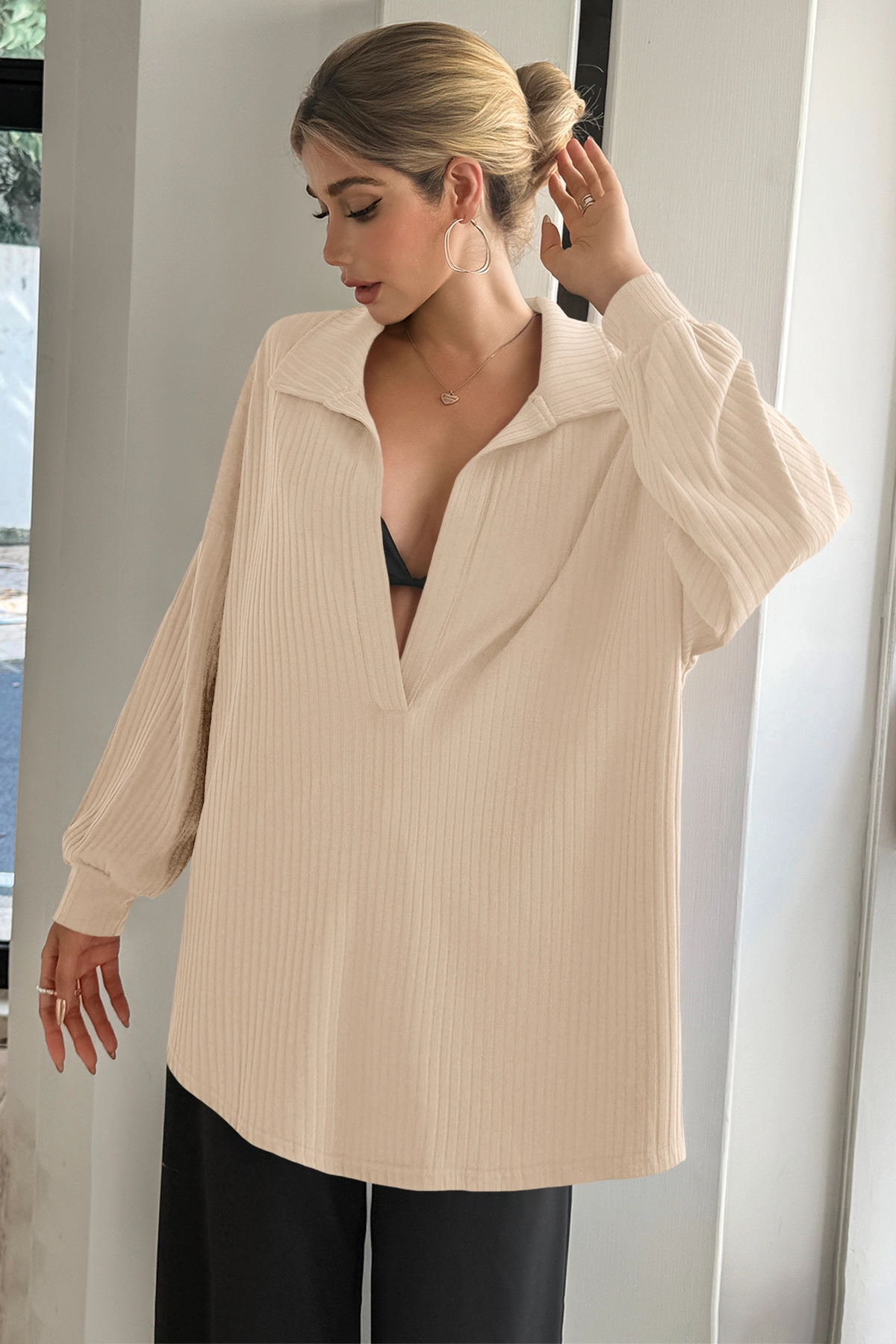 Women Khaki Oversized Collared Ribbed Knit Sweatshirts Fisoew - Fisoew