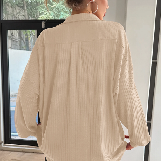 Women Khaki Oversized Collared Ribbed Knit Sweatshirts Fisoew - Fisoew