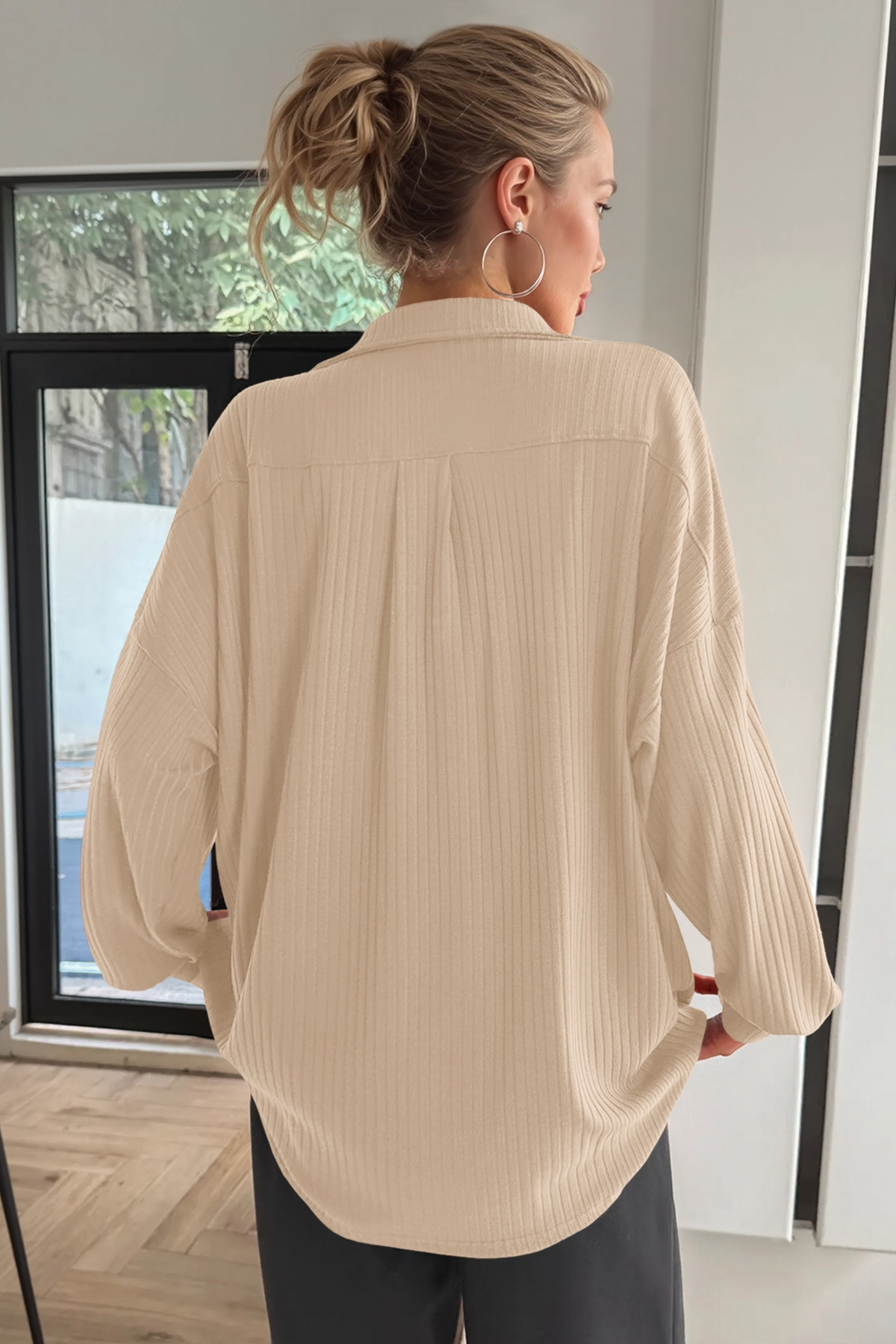 Women Khaki Oversized Collared Ribbed Knit Sweatshirts Fisoew - Fisoew