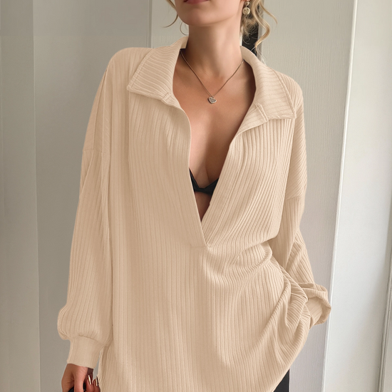 Women Khaki Oversized Collared Ribbed Knit Sweatshirts Fisoew - Fisoew