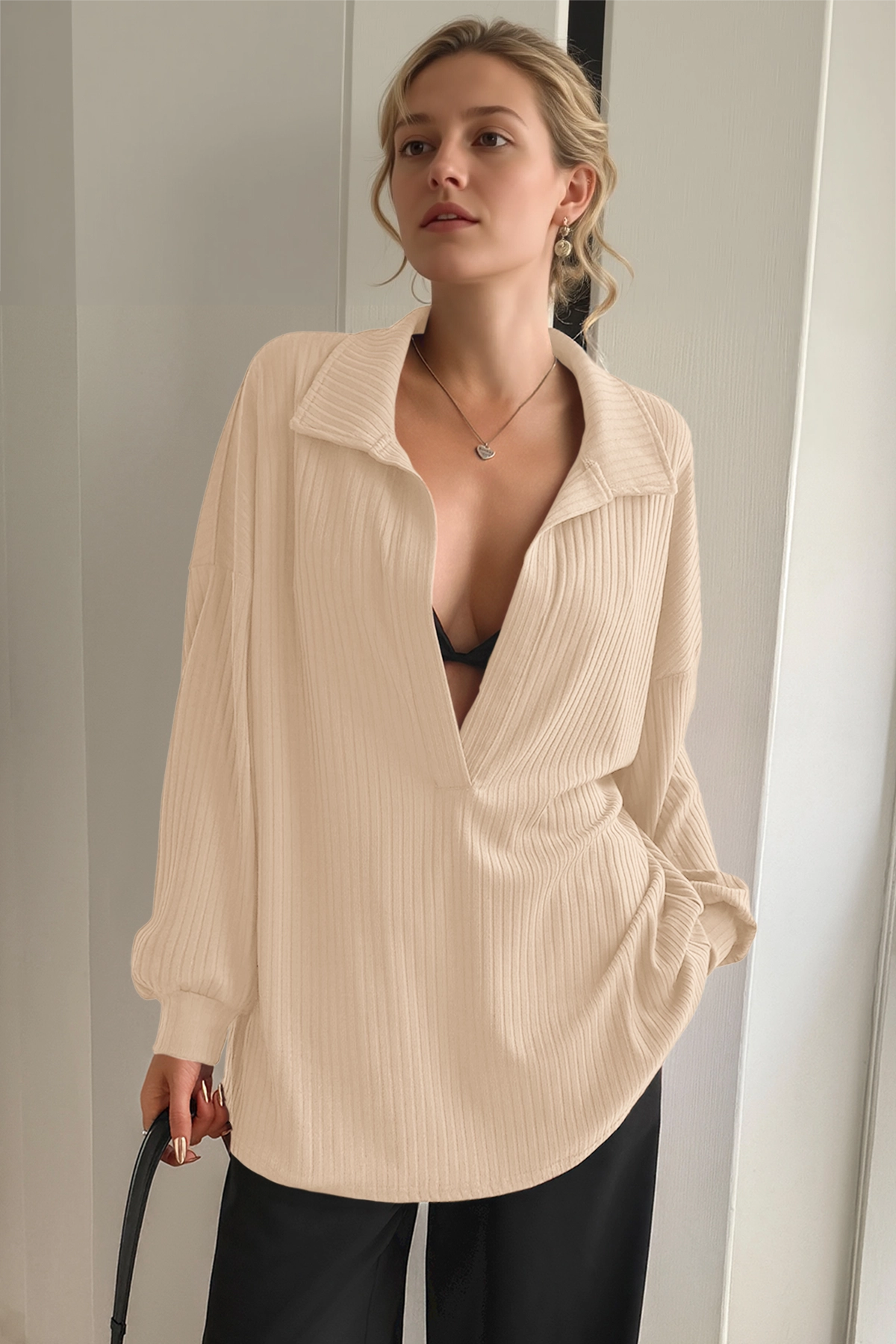 Women Khaki Oversized Collared Ribbed Knit Sweatshirts Fisoew - Fisoew