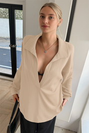 Women Khaki Oversized Collared Ribbed Knit Sweatshirts Fisoew