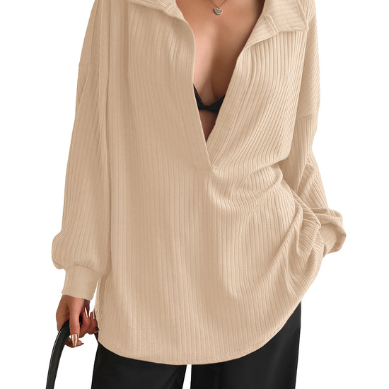 Women Khaki Oversized Collared Ribbed Knit Sweatshirts Fisoew - Fisoew