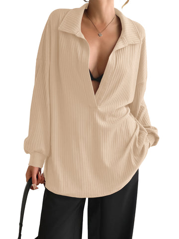 Women Khaki Oversized Collared Ribbed Knit Sweatshirts Fisoew - Fisoew