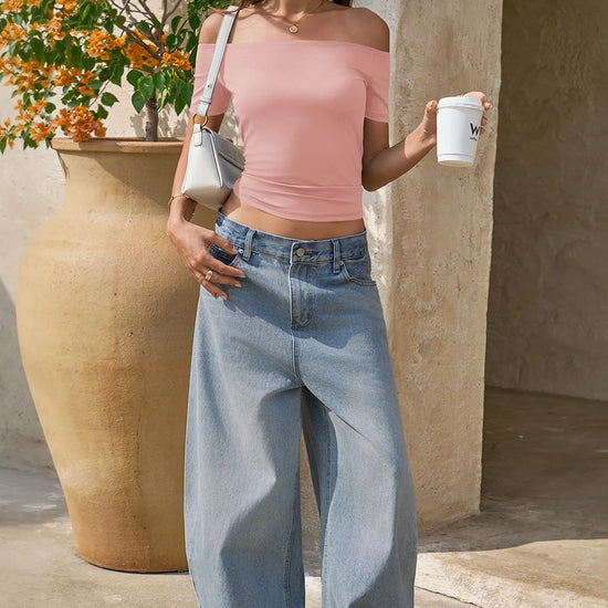 Women Pink Off The Shoulder Tops Fisoew - Fisoew
