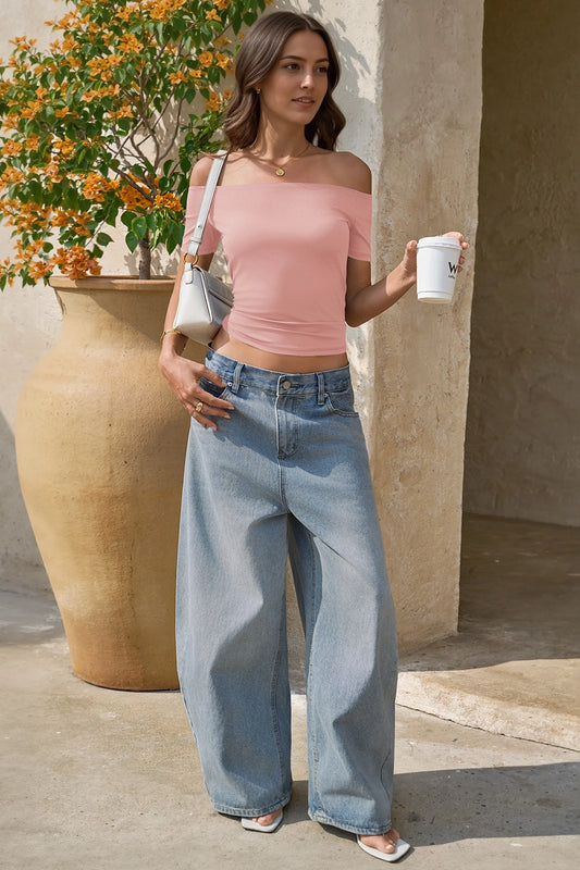 Women Pink Off The Shoulder Tops Fisoew - Fisoew
