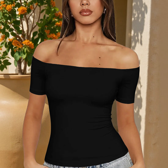 Women Black Off The Shoulder Tops Fisoew - Fisoew