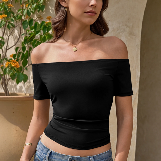 Women Black Off The Shoulder Tops Fisoew - Fisoew