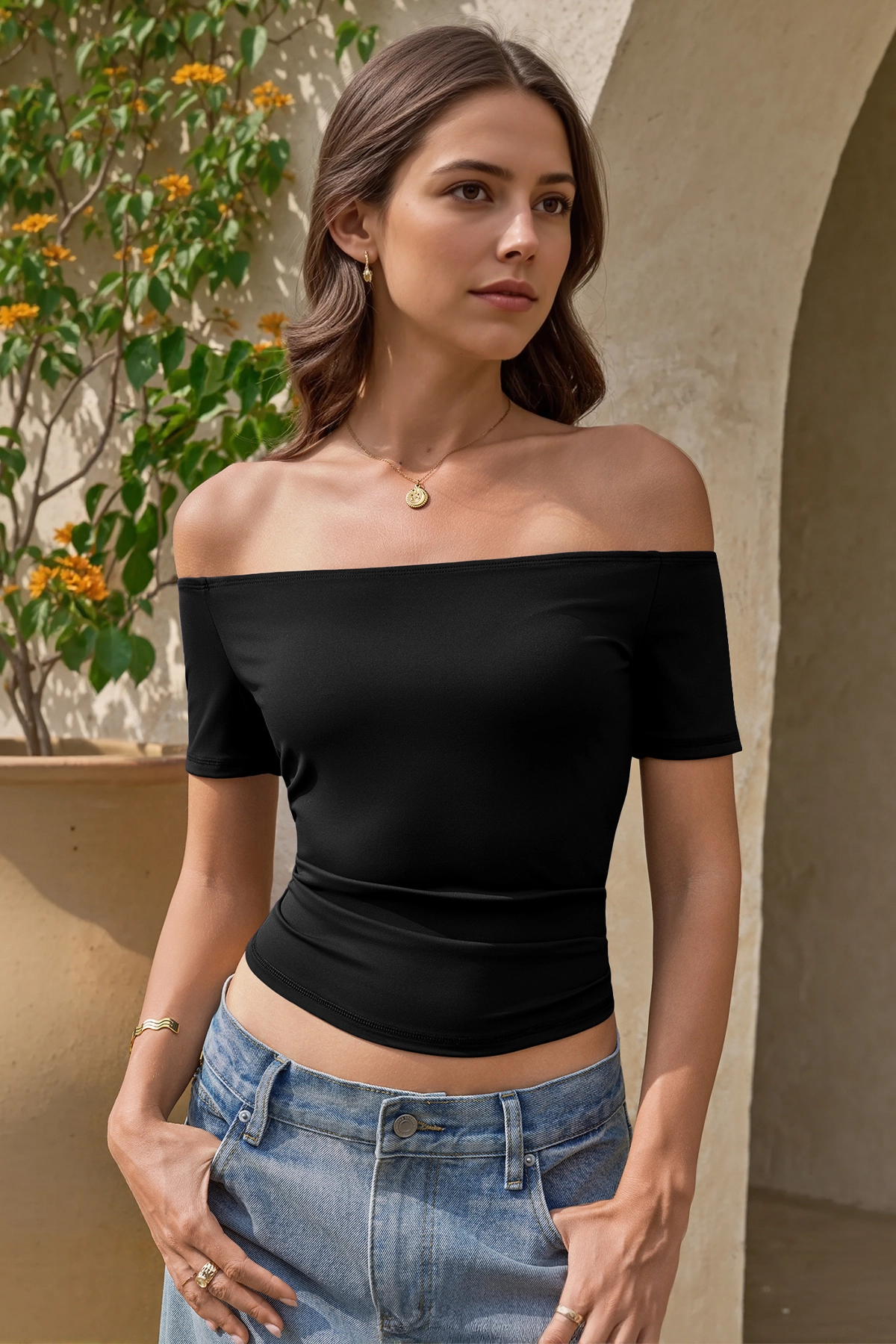 Women Black Off The Shoulder Tops Fisoew - Fisoew