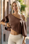 Womens Brown Off The Shoulder Cropped Tops Fisoew - Fisoew