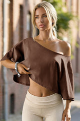 Womens Brown Off The Shoulder Cropped Tops Fisoew