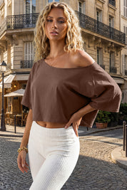 Womens Brown Off The Shoulder Cropped Tops Fisoew - Fisoew