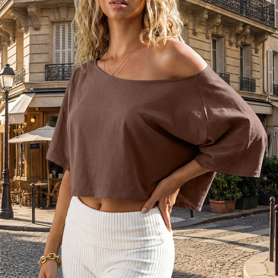 Womens Brown Off The Shoulder Cropped Tops Fisoew - Fisoew
