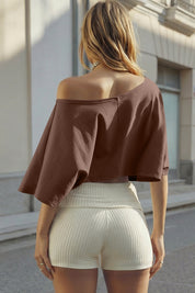 Womens Brown Off The Shoulder Cropped Tops Fisoew - Fisoew
