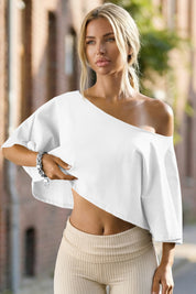 Womens White Off The Shoulder Cropped Tops Fisoew - Fisoew