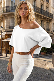 Womens White Off The Shoulder Cropped Tops Fisoew - Fisoew