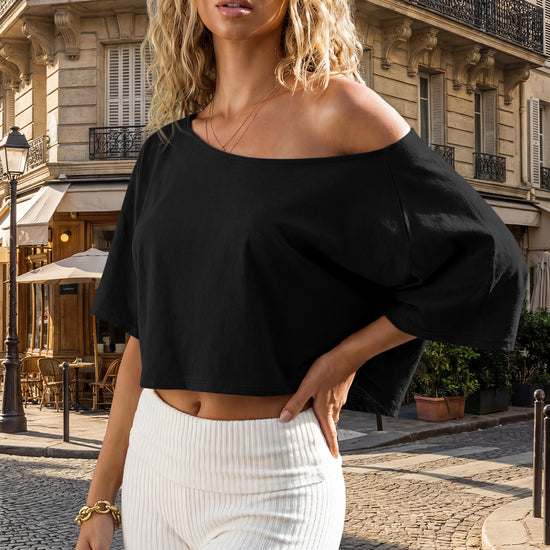 Womens Black Off The Shoulder Cropped Tops Fisoew - Fisoew
