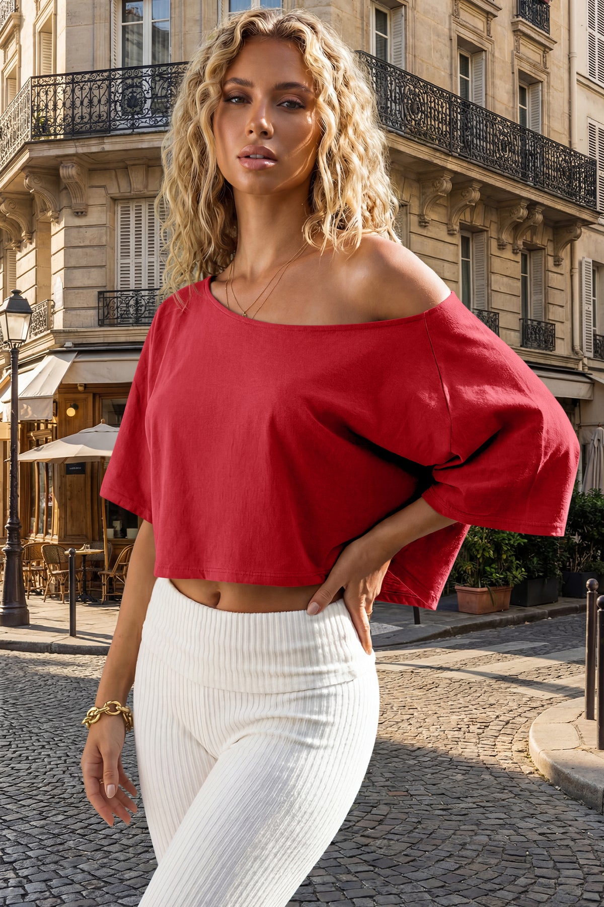 Womens Red Off The Shoulder Cropped Tops Fisoew - Fisoew