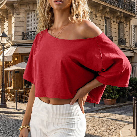 Womens Red Off The Shoulder Cropped Tops Fisoew - Fisoew