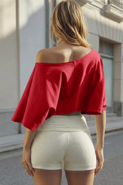 Womens Red Off The Shoulder Cropped Tops Fisoew - Fisoew