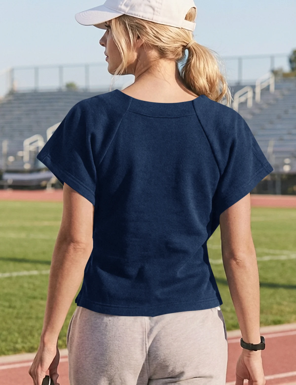 Fisoew Women's Dark Blue Summer Short Sleeves Tee Tops Crewneck Sweatshirt - Fisoew
