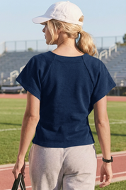 Fisoew Women's Dark Blue Summer Short Sleeves Tee Tops Crewneck Sweatshirt - Fisoew