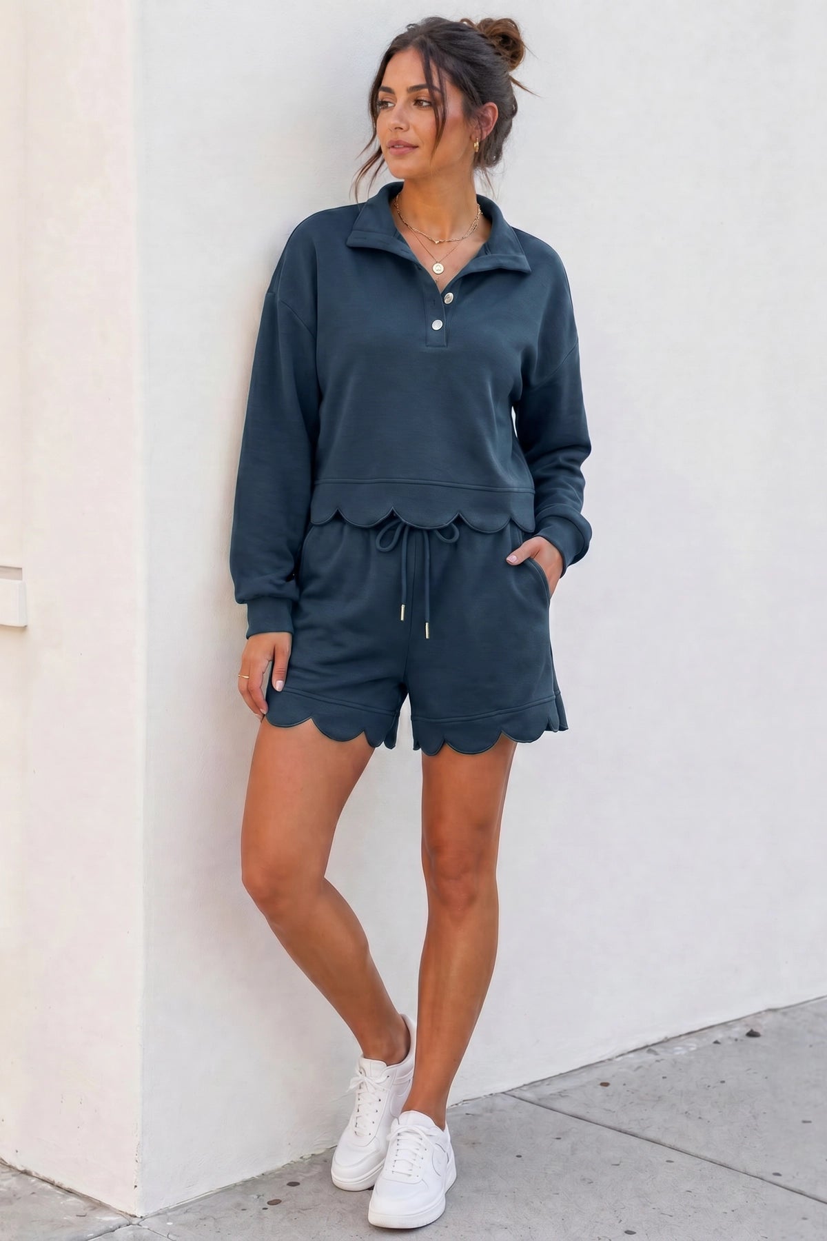 Crop Tops With Shorts Ruffle Trim Solid Sets - Fisoew