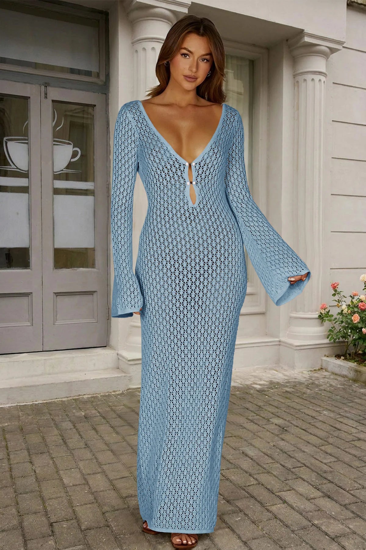 Fisoew Women's Navy Blue Long Sleeve Sexy Bodycon Summer Knit Dresses - Fisoew