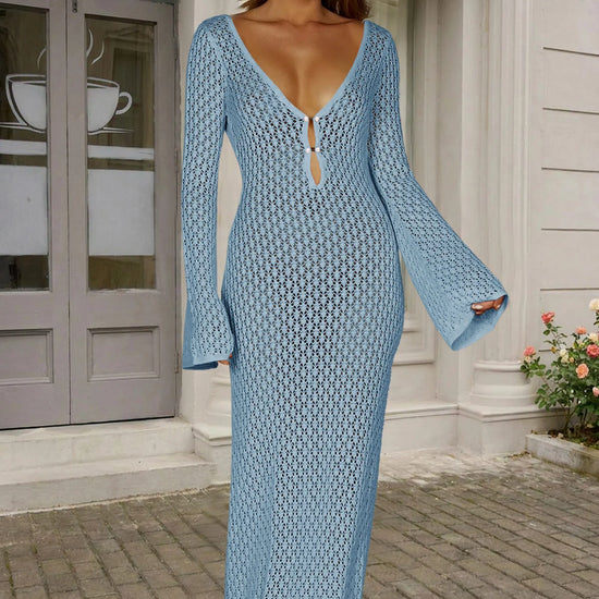 Fisoew Women's Navy Blue Long Sleeve Sexy Bodycon Summer Knit Dresses - Fisoew