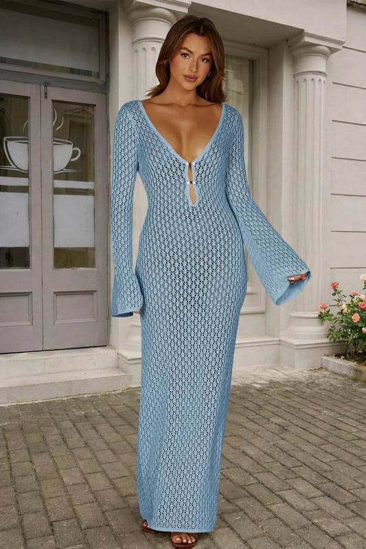 Fisoew Women's Navy Blue Long Sleeve Sexy Bodycon Summer Knit Dresses - Fisoew