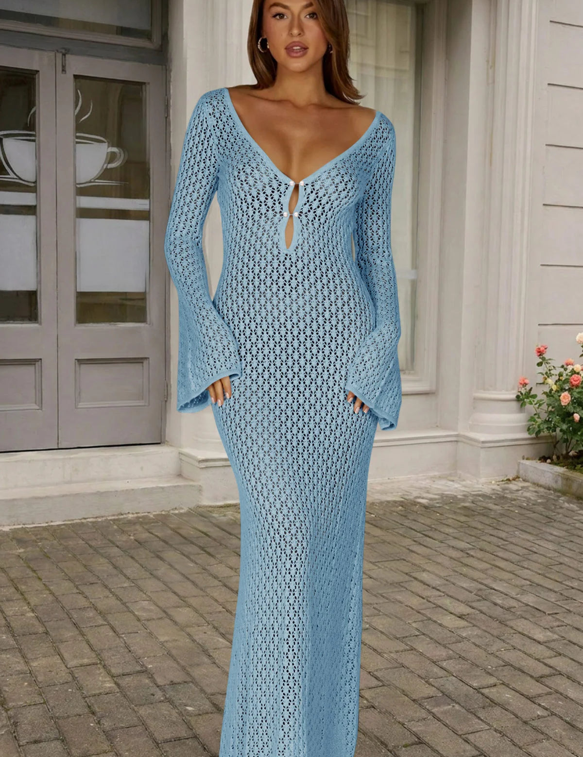 Fisoew Women's Navy Blue Long Sleeve Sexy Bodycon Summer Knit Dresses - Fisoew