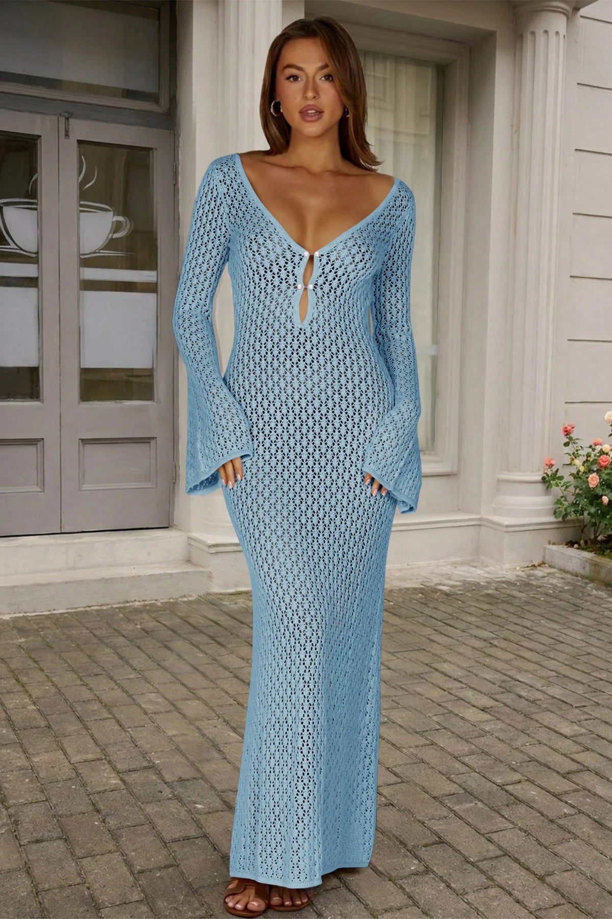 Fisoew Women's Navy Blue Long Sleeve Sexy Bodycon Summer Knit Dresses - Fisoew