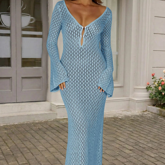 Fisoew Women's Navy Blue Long Sleeve Sexy Bodycon Summer Knit Dresses - Fisoew
