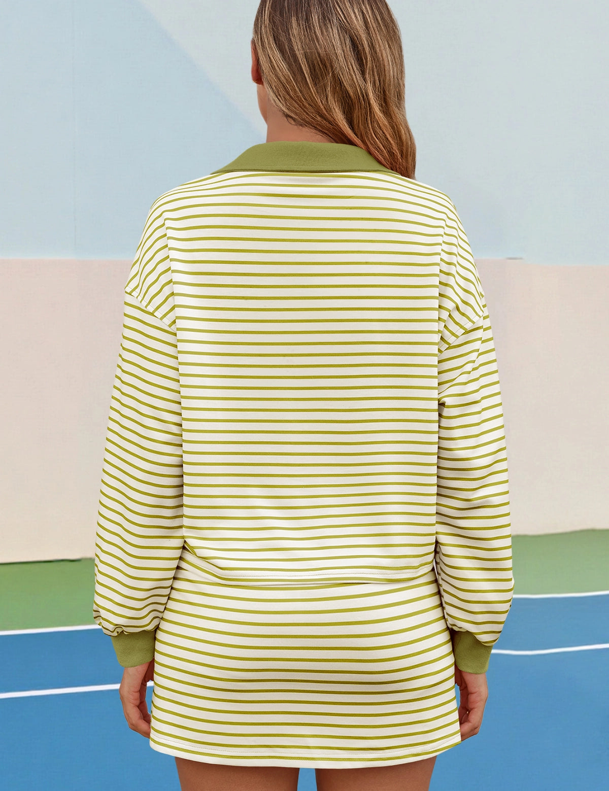 Womens Light Green Striped 2 Piece Outfits Fisoew - Fisoew