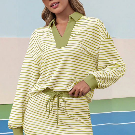 Womens Light Green Striped 2 Piece Outfits Fisoew - Fisoew