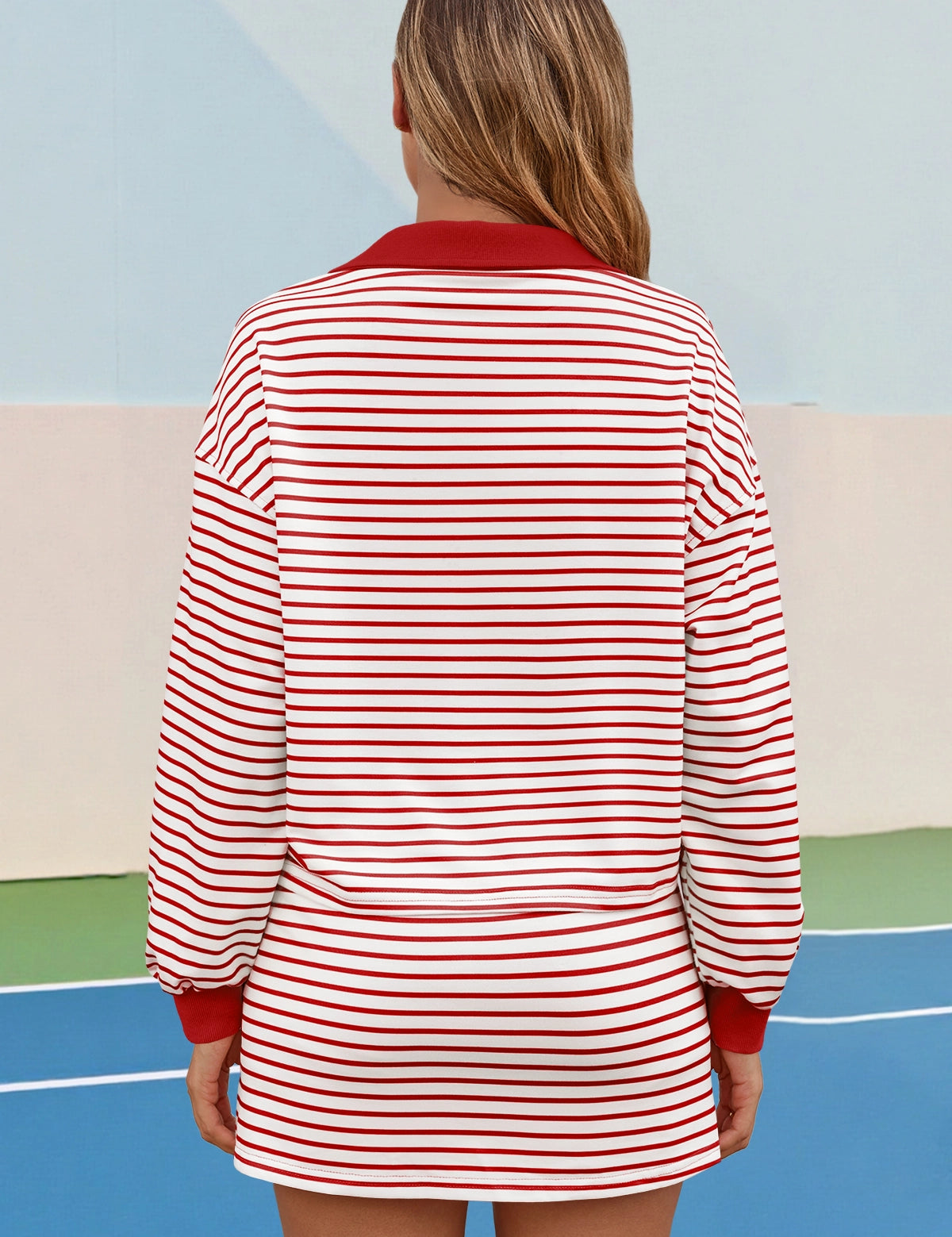 Womens Red Striped 2 Piece Outfits Fisoew - Fisoew