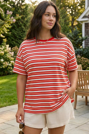 Crew Neck Striped Short Sleeve T-Shirts - Fisoew