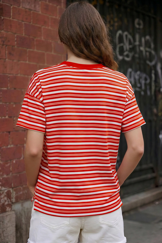 Crew Neck Striped Short Sleeve T-Shirts - Fisoew