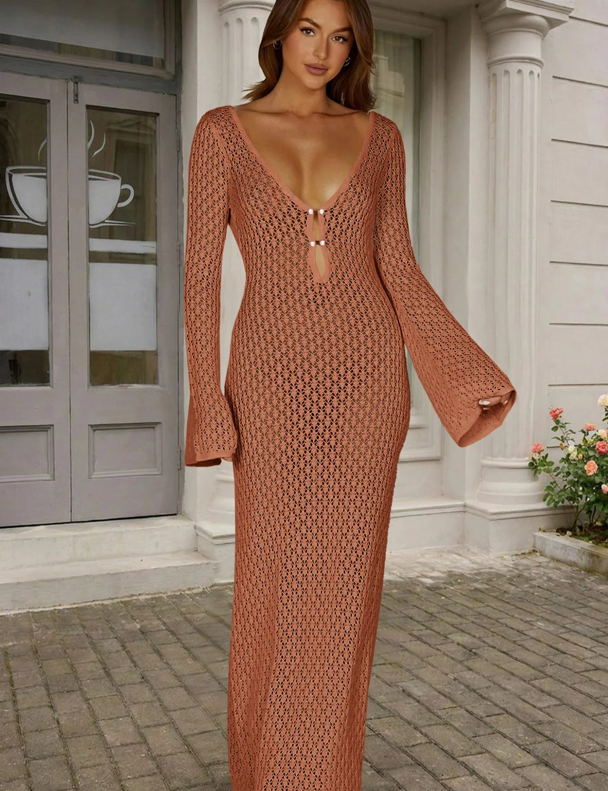 Fisoew Women's Brick Red Long Sleeve Sexy Bodycon Summer Knit Dresses - Fisoew
