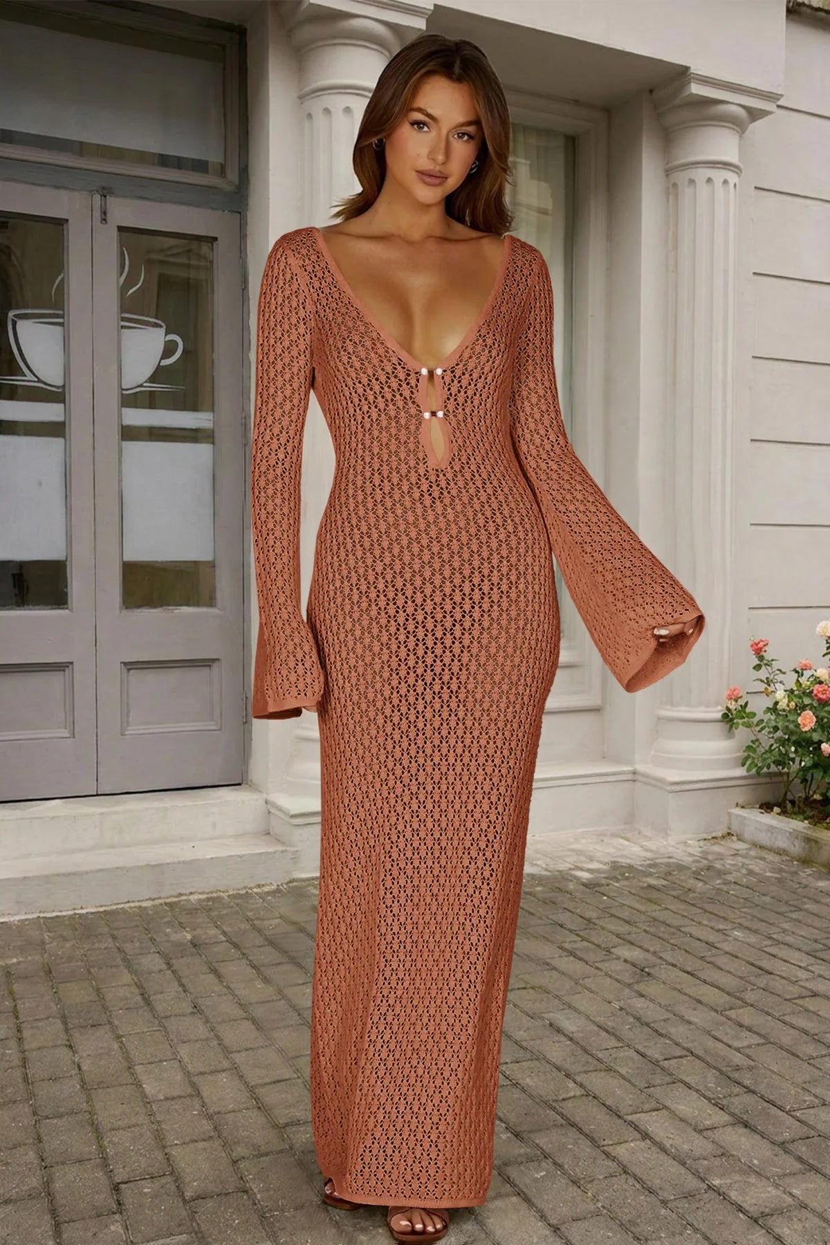 Fisoew Women's Brick Red Long Sleeve Sexy Bodycon Summer Knit Dresses - Fisoew