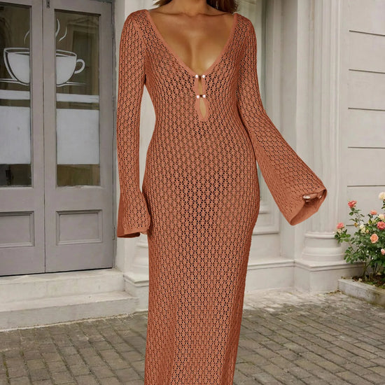 Fisoew Women's Brick Red Long Sleeve Sexy Bodycon Summer Knit Dresses - Fisoew