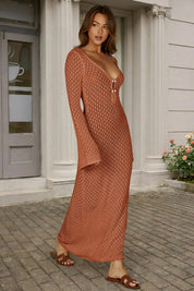 Fisoew Women's Brick Red Long Sleeve Sexy Bodycon Summer Knit Dresses - Fisoew