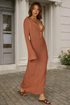 Fisoew Women's Brick Red Long Sleeve Sexy Bodycon Summer Knit Dresses - Fisoew